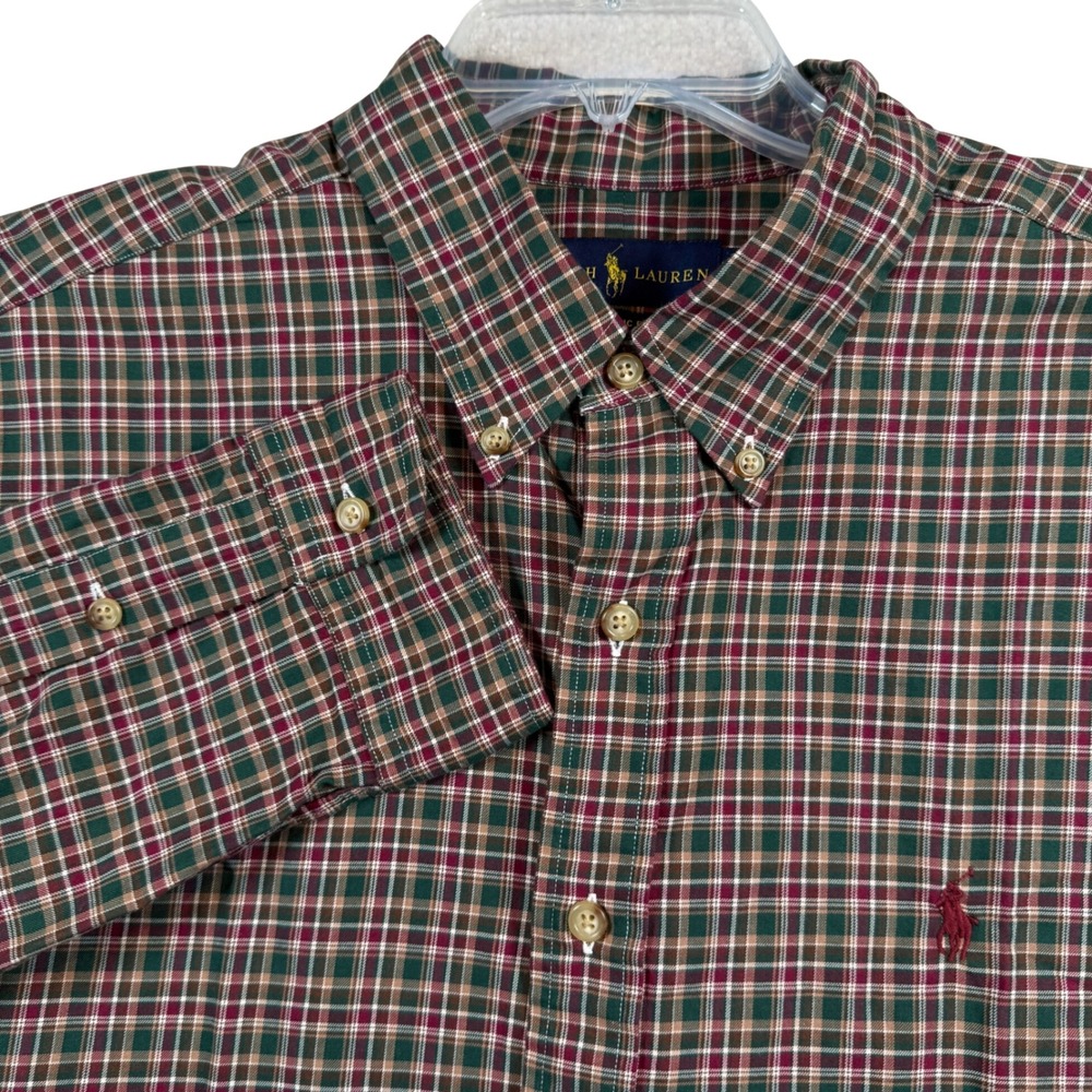 Ralph Lauren Button Down Shirt Mens XL Green Burgundy Plaid Classic Fit Cotton